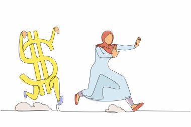 Dolar sembolü tarafından kovalanan korkunç bir Arap iş kadını. Ekonomik ya da finansal krizden korkan kadın yönetici. Modern sürekli çizgi çizimi tasarım grafik vektör çizimi