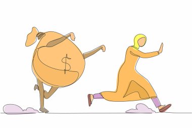 Arap iş kadınlarının para çantası tarafından takip edildiği tek sıra. Kadın işçiler servet hedeflerine ulaşmak için acele ediyorlar. Minimum metafor konsepti. Devamlı çizgi tasarımı grafik vektör illüstrasyonu