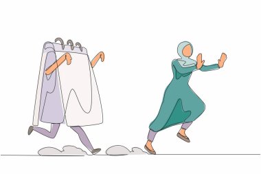 Korkutucu Arap iş kadınının takvim tarafından takip edildiği tek satır. Proje bitiş tarihinden korkan kadın çalışan. Minimum metafor. Devamlı çizgi tasarımı grafik vektör illüstrasyonu