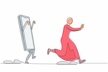 Korkutucu Arap iş kadınının akıllı telefon tarafından takip edildiği tek sıra. Kadın çalışan, patronla konuşmaya korkuyor. Minimum metafor konsepti. Devamlı çizgi tasarımı grafik vektör illüstrasyonu