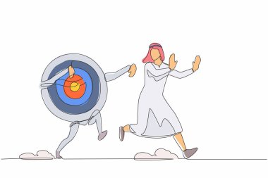 Okçuluk hedefi tarafından kovalanan mutsuz bir Arap işadamını çeken tek sıra. İş hedefinin doğruluğunu kaybediyor. Minimalizm benzetmesi. Bir çizgi çizimi grafik tasarım vektör çizimi
