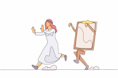 Tek sıra halinde, mutsuz bir Arap işadamının pano tarafından kovalanmasına yol açıyor. Yönetici iş projelerinin son teslim tarihi için acele ediyor. Minimum metafor. Bir çizgi çizimi tasarım vektörü illüstrasyonu