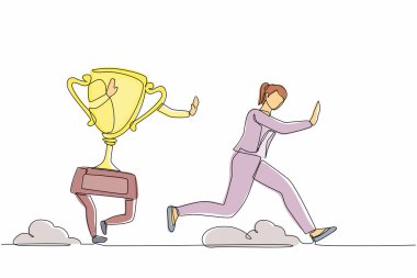 Korkak iş kadınını kupa tarafından kovalanmaya çeken tek sıra. Kadın işçi iş, görev ve vizyon konusunda başarısız oldu. Minimalizm benzetmesi. Bir çizgi çizimi tasarım vektörü illüstrasyonu