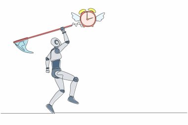 Tek bir çizgili robot kelebek ağıyla alarm saatini yakalamaya çalışıyor. Robot son teslim tarihleriyle çalışıyor, zamanın dışında. Yapay zeka. Bir çizgi çizimi tasarım vektörü illüstrasyonu