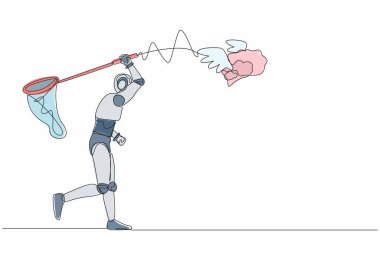Sürekli bir çizgi çizen robot kelebek ağıyla beyni yakalamaya çalışıyor. Robot beyin sağlığı için dahice bir fikir. Robot sibernetik organizma. Tek çizgi çizimi tasarım vektörü grafik çizimi