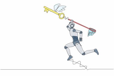 Tek bir çizgili robot kelebek ağıyla uçan anahtarı yakalamaya çalışıyor. Teknoloji sorunlarını çözmek için anahtar bul. Robot yapay zeka. Bir çizgi grafik tasarım vektör çizimi