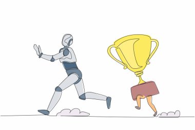 Stresli robotun ödül tarafından kovalandığını gösteren tek bir çizgi. Yarışmayı kazanma hedefleri ile karıştırılmış. Robot yapay zeka. Bir çizgi çizimi tasarım vektörü illüstrasyonu