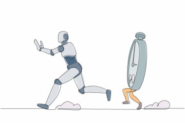 Kronometre tarafından kovalanan stresli bir robotun çizdiği tek çizgi. Proje ölçümü ve son teslim tarihinden korkuyorlar. Geleceğin robotik teknolojisi. Devamlı çizgi tasarımı grafik vektör illüstrasyonu