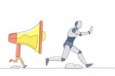 Devamlı bir çizgi gerilmiş robotun megafon tarafından kovalandığını gösteriyor. Toplu iletişim için yüksek sesle bağıran robot. İnsansı robot sibernetik organizma. Tek çizgi çizimi tasarım vektör çizimi