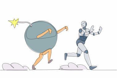 Stresli robotun bomba tarafından kovalandığını gösteren tek bir çizgi. Ekosistem tahribatından korkuyorlar. Geleceğin teknoloji gelişimi. Yapay zeka. Devamlı çizgi çizimi tasarım vektörü illüstrasyonu