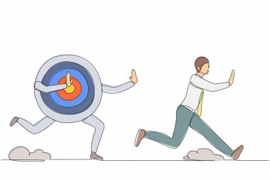Aralıksız tek sıra halinde okçuluk hedefi tarafından kovalanan stresli bir işadamı var. İş hedefine ulaşmak için motivasyonunu kaybetmek, kariyerinde ilerlemek. Bir çizgi çizimi tasarım vektörü illüstrasyonu