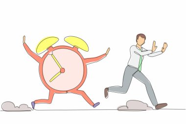 Stresli bir işadamının saat tarafından takip edildiği tek sıra. Zamanımız azalıyor. Son teslim tarihi projesi. Minimum metafor konsepti. Modern sürekli çizgi çizimi tasarım grafik vektör çizimi