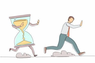Kum saati tarafından kovalanan stresli iş adamını çeken tek satır. Ofis çalışanı son teslim tarihlerinde stres hissediyor, kızgın, bitkin, depresyonda. Devamlı çizgi tasarımı grafik vektör illüstrasyonu