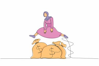 Arap iş kadınlarını para çantasının üzerinden atlayan bir satır. İş kredisi veya sermaye fonu, krizde para yardımı. Şirket kurmak için uyarıcılar. Tek çizgi çizimi tasarım vektör çizimi
