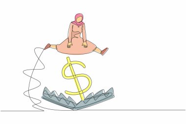 Tek bir satırda Arap iş kadını büyük para tuzağının üzerinden atlıyor. Finansal para tuzağı, saadet zinciri. Devamlı çizgi tasarımı grafik vektör illüstrasyonu