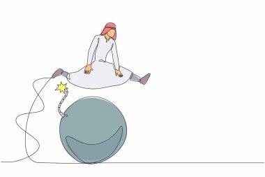 Arap işadamlarının bombanın üzerinden atlamasını sağlayan tek sıra. Ekonomik kriz patlaması. Dünyanın finansal çöküşünün patlayıcı etkisini tahmin et. Bir çizgi çizimi tasarım vektörü illüstrasyonu