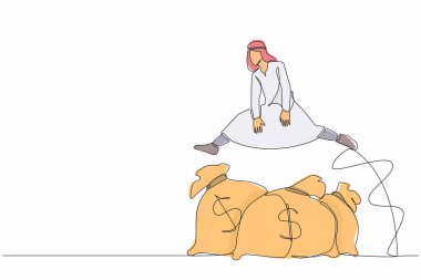 Arap işadamını para çantasının üzerinden atlayan tek sıra. Zengin ve başarılı bir iş adamı. Şirket kurmak için iş kredisi ya da fon. Bir çizgi çizimi grafik tasarım vektör çizimi