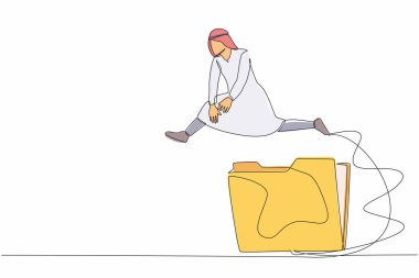Tek sıra halinde, Arap işadamı büyük klasör simgesinin üzerinden atlıyor. Dosya dizinleri yönetimi. Ofis kağıdı koleksiyonu. Yaratıcı süreç analiz ediliyor. Devamlı çizgi tasarımı vektör çizimi