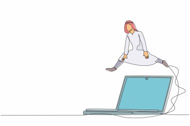 Tek sıra halinde, Arap iş adamı büyük bir dizüstü bilgisayarın üzerinden atlıyor. Dijital teknoloji dönüşümü. Verimlilik için sistem veri hesaplaması. Devamlı çizgi tasarımı grafik vektör illüstrasyonu