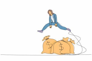 Tek sıra halinde iş kadını para çantasının üzerinden atlıyor. Şirket kurmak için teşvik bütçesi. İş kredisi veya sermaye fonu, krizde para yardımı. Devamlı çizgi çizimi tasarım vektörü illüstrasyonu