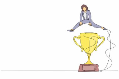 Büyük ödülün üzerinden atlayan bir iş kadını çiziyor. İş başarısını, başarıyı ya da zaferi kutlayın. Rekabet ya da iş yarışmasında başarı. Devamlı çizgi tasarımı vektör çizimi