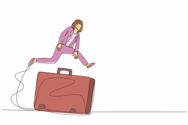 Tek sıra halinde büyük evrak çantasının üzerinden atlayan bir iş kadını. Diplomat, sözleşmeleri tamamlar ve mali bilgileri saklar. Profesyonel bavul. Bir çizgi tasarımı vektör illüstrasyonu