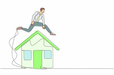 Tek sıra halinde iş adamı evin üzerinden atlıyor. Konut kredisi ya da gayrimenkul yatırımı. Bankaya ipotek anlaşması. Borç yükümlülüğü. Bir çizgi çizimi grafik tasarım vektör çizimi
