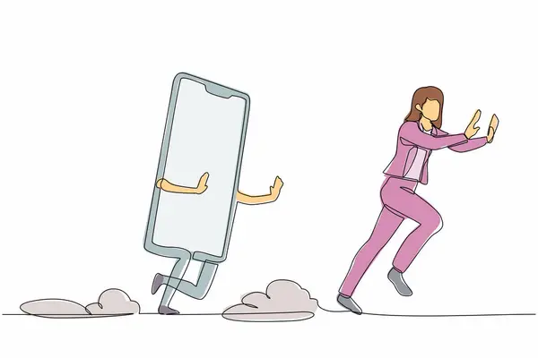 Eine Einzige Zeile Zeichnet Eine Verängstigte Geschäftsfrau Die Vom Smartphone Stockillustration
