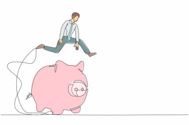 Devamlı bir sıra halinde işadamı kumbaranın üzerinden atlıyor. Yatırım için para biriktirmek. Finansal yönetim, bütçe planlaması, para depolama güvenliği. Tek çizgi tasarım vektör çizimi