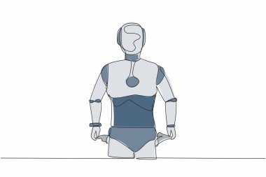 Tek sıra halinde, cebi dışarı dönük, parasız bir robot çiziyor. İflas etti. Robot yapay zeka. Elektronik teknoloji endüstrisi. Bir çizgi çizimi tasarım vektörü illüstrasyonu