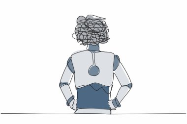 Kafası yerine yuvarlak karalamaları olan, ayakta duran ve kalçasını tutan bir robot çizmeye devam ediyor. İnsansı robot sibernetik. Geleceğin robotik gelişimi. Tek çizgi tasarım vektör çizimi