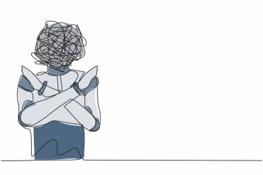 Önünde yuvarlak karalamalar yerine tek bir çizgi çizen robot, x sembolü, çapraz eller, reddedilme, hoşnutsuzluk yapıyor. Robot yapay zeka. Bir çizgi tasarımı vektör illüstrasyonu