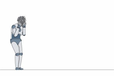 Kafası yerine yuvarlak karalamalarla robot çizen tek çizgi. Sorunlu robot el ele, fazla mesai ya da son teslim tarihi, baş ağrısı çekiyor. Geleceğin teknolojisi. Bir çizgi tasarımı vektör illüstrasyonu