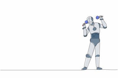 Müzik festivalinde marakas enstrümanlı tek bir robot sanatçı çiziyor. Robot yapay zeka. Elektronik teknoloji endüstrisi. Bir çizgi tasarımı vektör illüstrasyonu