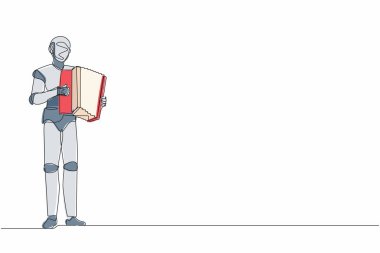 Tek sıra halinde akordeon çalan bir robot müzisyen. Sahnede akordiyoncu gösterisi. Geleceğin teknoloji gelişimi. Yapay zeka. Aralıksız çizgi çizimi tasarım grafik vektör çizimi