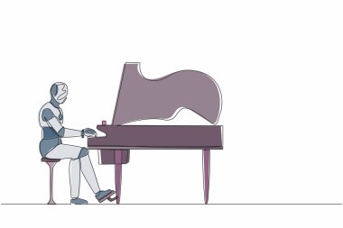 Sahnede oturup kuyruk sallayan tek bir robot çizimi. Modern robot yapay zekası. Elektronik teknoloji endüstrisi. Bir çizgi çizimi grafik tasarım vektör çizimi