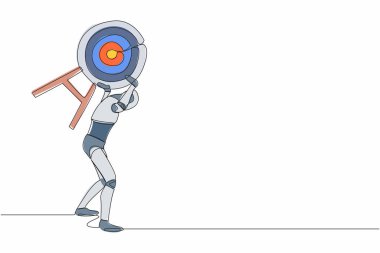 Sırtında ağır hedef taşıyan yorgun bir robot çiziyor. Başarmak için yorgun, iş yarışmasını kazanmak için. Geleceğin teknoloji gelişimi. Aralıksız çizgi grafik tasarım vektörü çizimi