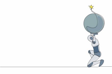 Sırtında ağır bomba taşıyan yorgun robotu çeken tek sıra. Borç patlaması yaşayan robot. Finansal kriz sorunu. Geleceğin teknoloji gelişimi. Bir çizgi çizimi tasarım vektörü illüstrasyonu