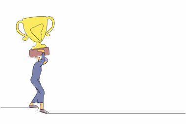 Sırtında ağır bir kupa taşıyan tek bir Arap iş kadını çiziyor. Kadın işçiler hedefe ulaşamıyor. Ofisteki gecikmiş kariyer yolu. Bir çizgi çizimi grafik tasarım vektör çizimi