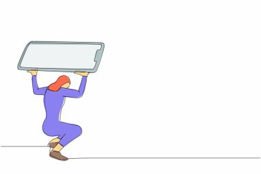 Sırtında ağır akıllı telefon taşıyan tek sıra Arap iş kadını. Stresli ve yorgun hissediyorum. Yorgunluk, depresyon, aşırı çalışma sorunu. Bir çizgi çizimi tasarım vektörü illüstrasyonu