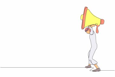 Sırtında ağır megafon taşıyan Arap bir işadamını çizmeye devam ediyor. İletişim sorunları var. Zorbalık, iş yerinde taciz, aileler. Tek çizgi tasarım vektör grafik çizimi