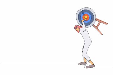 Sırtında ağır hedef taşıyan tek bir Arap işadamı çizgisi. Sıkı çalışma iş görevini başarır. Kazanmak için çok uğraştım. Bir çizgi çizimi tasarım vektörü illüstrasyonu