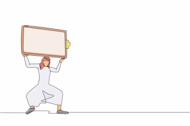 Sırtında ağır bir pano taşıyan Arap bir işadamını çiziyor. Çoklu görev, verimlilik ve zaman yönetimi problemi. Son teslim tarihi kontrol listesi. Bir çizgi tasarımı vektör illüstrasyonu