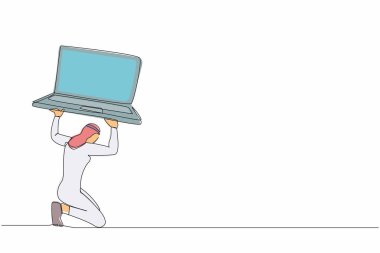 Arap iş adamının çizdiği bir çizgi ağır dizüstü bilgisayarı sırtında taşıyor. İş baskısı yüzünden yorgun düşmüş bir işçi. Ofiste bitkin düşmüş. Tek çizgi çizimi tasarım vektörü grafik çizimi