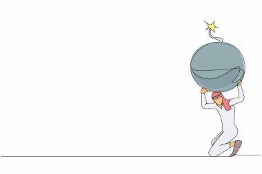 Sırtında bomba taşıyan Arap işadamlarının çizdiği tek sıra. Borç patlaması nedeniyle stresli girişimci. Dünya ekonomik kriz sorunu. Bir çizgi çizimi grafik tasarım vektör çizimi