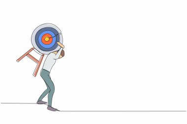 Sırtında ağır bir hedef taşıyan bitkin işadamını çeken tek sıra. Sıkı çalışma iş görevini başarır. Daha yüksek bir hedef için depresif. Bir çizgi grafik tasarım vektör çizimi