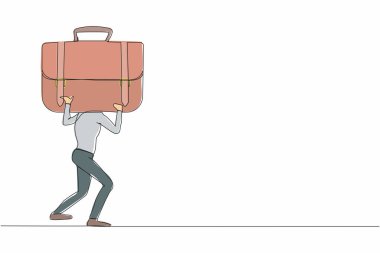 Sırtında ağır evrak çantası taşıyan bitkin işadamının çizdiği tek çizgi. Zor bir iş. Basınç iş yükü. Anksiyete ve aşırı yükleme işçisi. Devamlı çizgi tasarımı vektör çizimi
