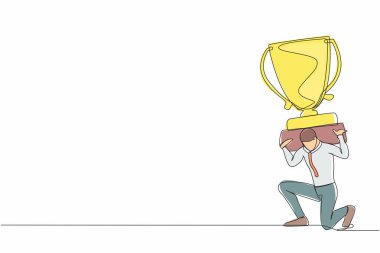 Sırtında ağır bir kupa taşıyan bitkin işadamının çizdiği bir çizgi devam ediyor. Girişimci yarışmayı veya iş başarısını kazanamadı. Tek çizgi çizimi tasarım vektör çizimi
