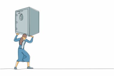 Sırtında ağır bir kiralık kasa taşıyan hayal kırıklığına uğramış bir iş kadını. Pandemik kriz nedeniyle para kaybı. Borç ve iflaslar. Aralıksız çizgi grafik tasarım vektörü çizimi