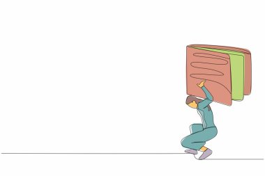 Sırtında ağır bir cüzdan taşıyan hayal kırıklığına uğramış bir iş kadını çizimi. Yorgun ve çalışkan bir ofis çalışanı. Ekonomik kriz. Tek çizgi tasarım vektör grafik çizimi